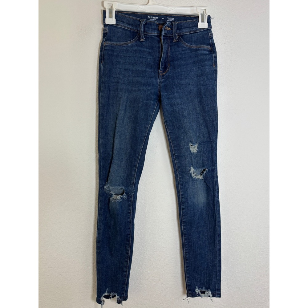 Old Navy Girls Ballerina Jeggings Blue Distressed Raw Hem Size 12 High Waisted